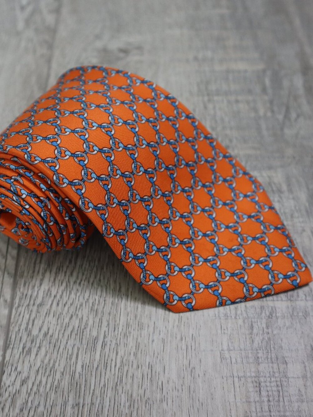 Hermès Paris Orange Bold Blue Chain Link Silk Tie - Flawed